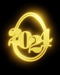 Shape of a golden Easter egg with the year number 2024 on a black background, 3d rendering