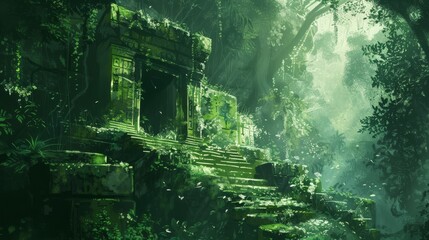 Mysterious ancient ruins hidden in a lush, overgrown jungle, lost civilization concept. Digital painting - obrazy, fototapety, plakaty