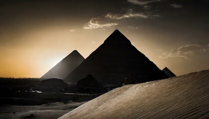 Silhouette of pyramids, ancient architecture, history, dark and shadow, desert  - obrazy, fototapety, plakaty