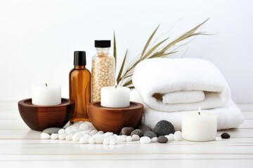 Fototapeta na wymiar A tranquil spa setting with candles, stones, and towels. Perfect for wellness and beauty concepts