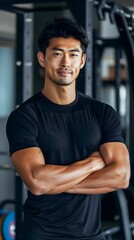 Fototapeta na wymiar Japanese Male Personal Trainer Smiling with Gym Background