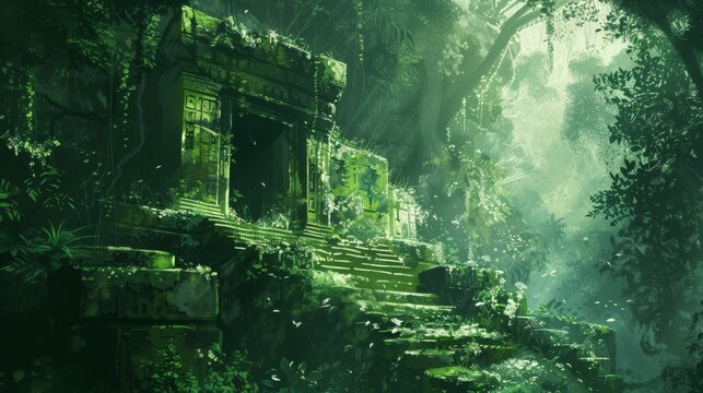 Mysterious ancient ruins hidden in a lush, overgrown jungle, lost civilization concept. Digital painting
