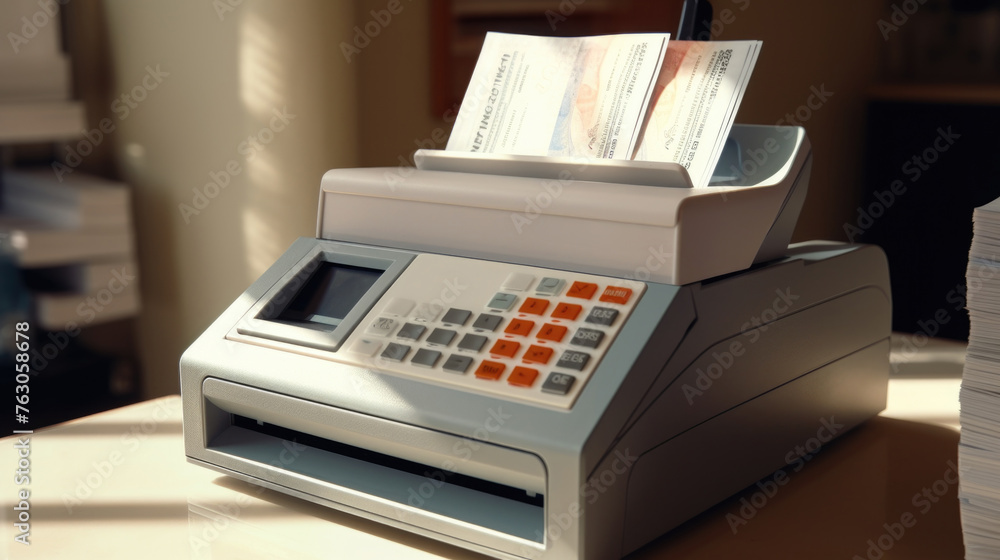 Poster a cash register placed on a counter, suitable for business concepts