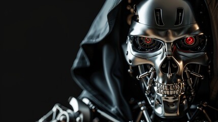 Evil skeleton robot in metal armor. Skull of futuristic evil cyborg in hood. Technology, robotics, artificial intelligence and future concept. 