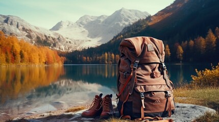 A backpack resting on a rock near a serene lake. Perfect for outdoor and travel concepts - obrazy, fototapety, plakaty