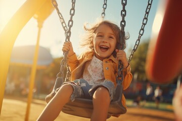A little girl enjoying a swing ride. Perfect for children's playground themes - obrazy, fototapety, plakaty