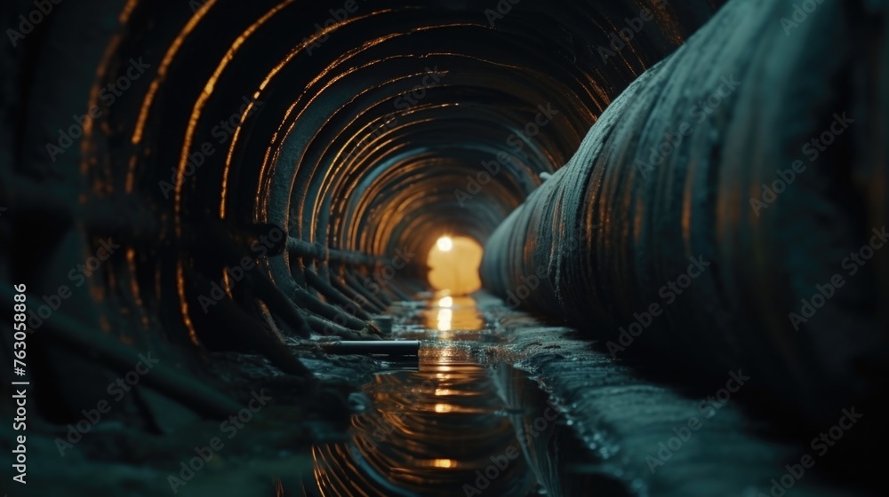 Poster a dark tunnel with a light shining at the end. suitable for concepts of hope, success, and overcomin