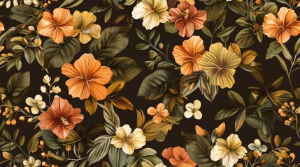Exotic hand drawn rose flowers, seamless patterns, on brown background. - obrazy, fototapety, plakaty