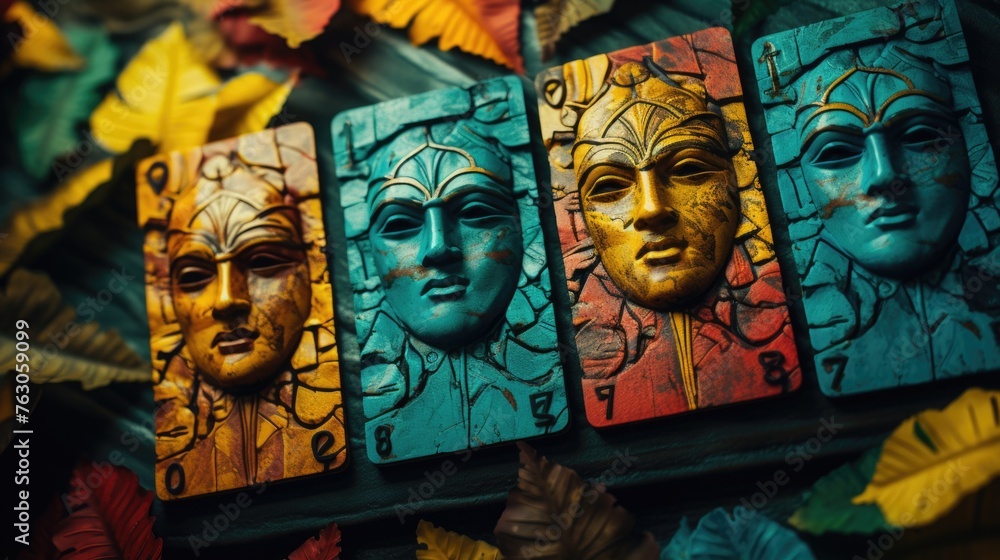 Poster four different colored faces displayed on a wall. ideal for interior design projects