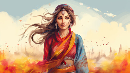 illustration girl in a field in the wind against the backdrop of the city, Baisakhi holiday, poster - obrazy, fototapety, plakaty