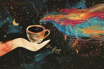 Simple line Illustration chalkboard coffee or tea flying In the Universe black color grunge texture, colorful element, empty space.	 - obrazy, fototapety, plakaty