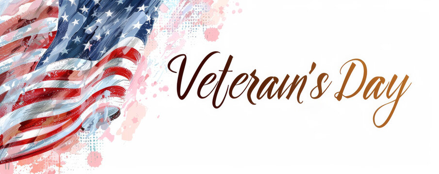 USA Veterans day background. Abstract grunge watercolor paint splashes in flag colors with calligraphy text. Template for holiday banner, invitation, flyer, etc.
