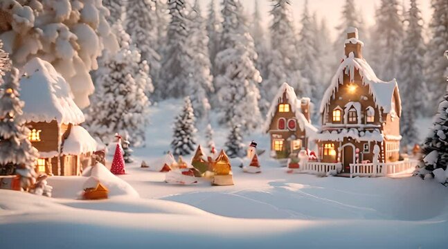 A gingerbread house, adorned with candy and frosting, sits nestled amongst snow-covered pine trees