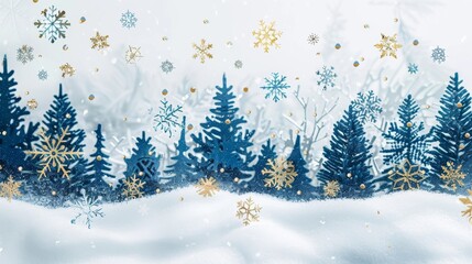 Serene Winter Landscape with Delicate Gold and Navy Blue Snowflakes Falling