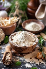 Fototapeta premium Image of a wooden bowl filled with flour and various ingredients. Ideal for cooking and baking concepts