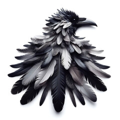 Feathers arranged in the shape of a raven head, concept isolated on white background
