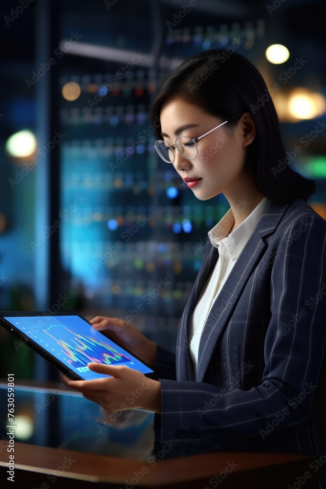 Poster a woman in a business suit using a tablet computer. suitable for technology concepts