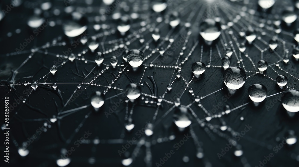 Poster close-up of water droplets on spider web. suitable for nature and macro photography projects