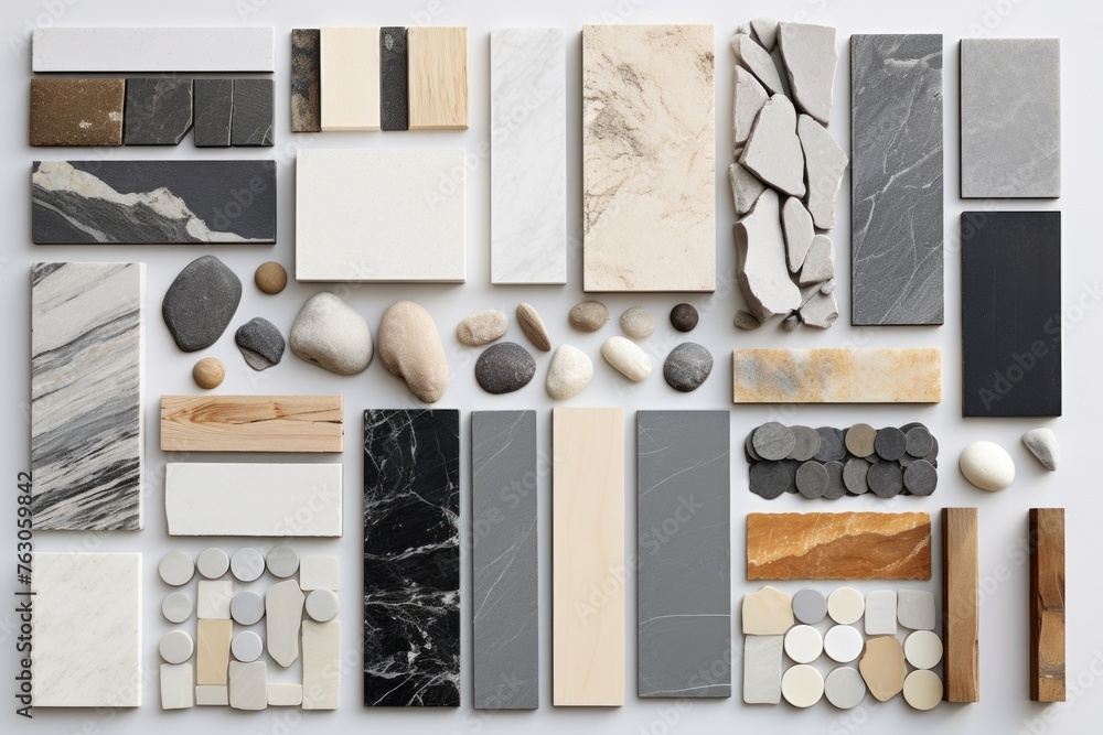 Aufkleber Collection of different types of tile on a white surface. Suitable for interior design concepts