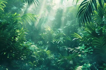 Sunlight filtering through dense jungle foliage. Ideal for nature and tropical themes