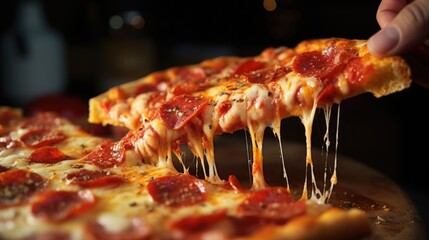 Hand holding up a slice of pepperoni pizza, perfect for food and restaurant concepts - obrazy, fototapety, plakaty