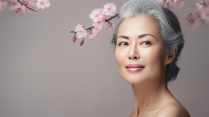 beautiful Asian woman 50 plus with natural makeup on a gray background with sakura flowers, concept of beauty and anti-age care
