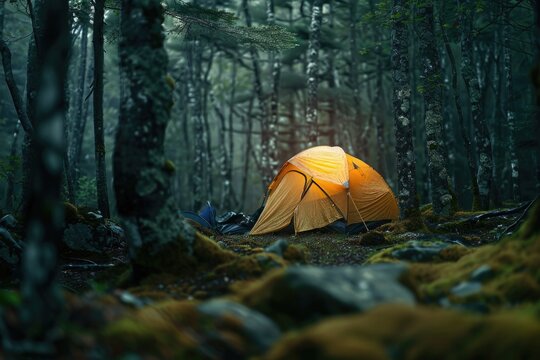 A tent pitched up in the middle of a forest. Suitable for outdoor adventure concepts