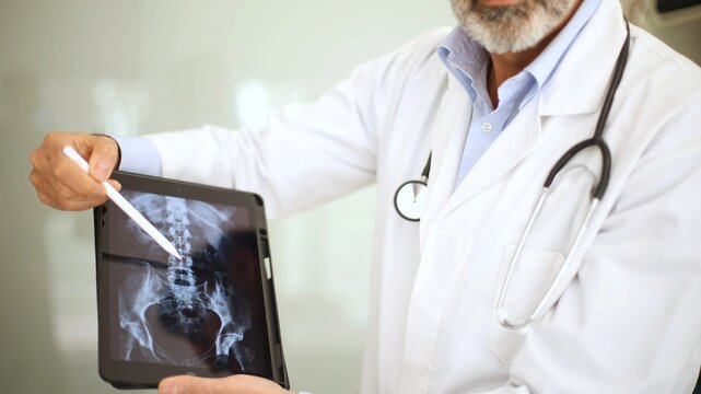 unrecognizable doctor reviewing spinal X-ray on a tablet for diagnostic use.