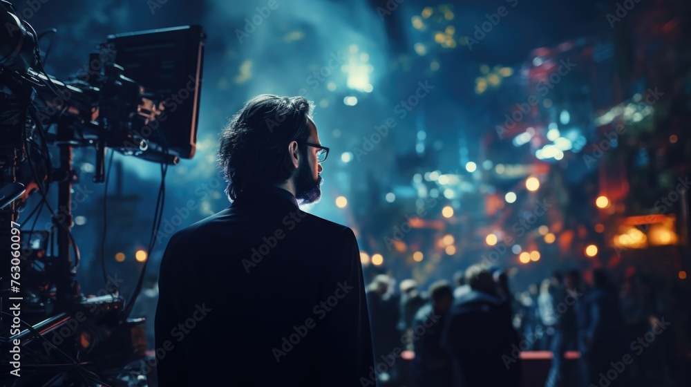 Poster a man standing confidently in front of a large crowd. suitable for business presentations