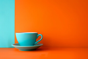 A blue coffee cup sits on a saucer on a table with an orange wall. the cup and saucer and the orange wall creates a warm and inviting atmosphere. Beautiful Cyan Coffee Cup over Orange Background