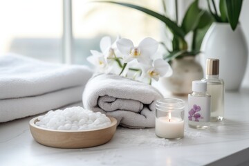 Fototapeta na wymiar White towels and a candle on a table, suitable for spa or relaxation concept