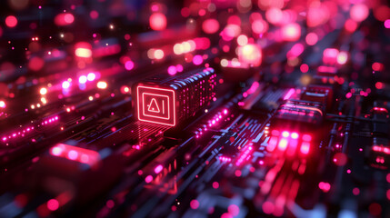 Futuristic Motherboard Landscape with Glowing Red Highlights and Warning Icons, Suitable for Technology Themes, Text "AI", AI-Generated