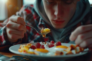 A young man enjoying fresh fruit with a fork. Suitable for healthy lifestyle concepts