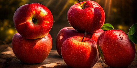 Rustic Table Laden with Lush Red Apples ,Juicy Red Apples on a Rustic Table ,Fresh Red Apples on Wooden Table ,Abundant Red Apples on a Wooden Table