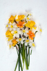 Beautiful bouquet of yellow and white daffodils on a white textured background, card. Flat lay, copy space