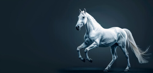 A dynamic white horse in mid-gallop against a moody, dark background, full of power and grace.