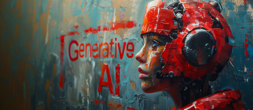 Conceptual Portrait of a Female Cyborg with "Generative AI" Graffiti, Ideal for Futuristic Art Concepts,  AI-Generated