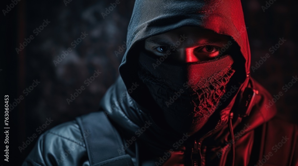 Poster a mysterious figure in a black hood standing under a red light. suitable for suspense or thriller th
