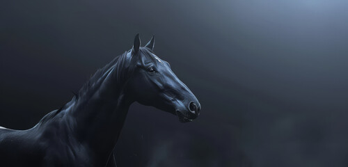 Obraz na płótnie Canvas A striking black horse profile against a dark backdrop, full of mystery and nobility.
