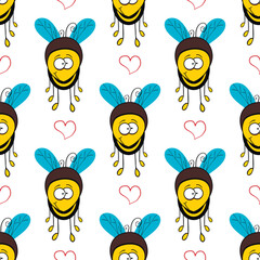 Seamless pattern with cartoon bee and honeycomb. Hand drawn Honey illustration