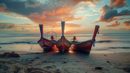 Two boats resting on sandy beach, ideal for travel brochures
