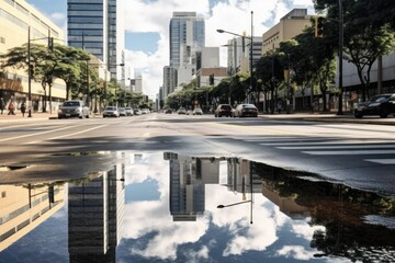 Urban scene with water puddle, suitable for city themes - obrazy, fototapety, plakaty