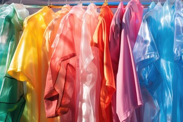 Various colored raincoats hanging neatly on a rack. Perfect for fashion or weather-related designs