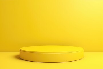 Bright yellow circular podium for showcasing products on a vibrant yellow background in a professional studio setting. Vibrant Yellow Podium for Product Display in Studio