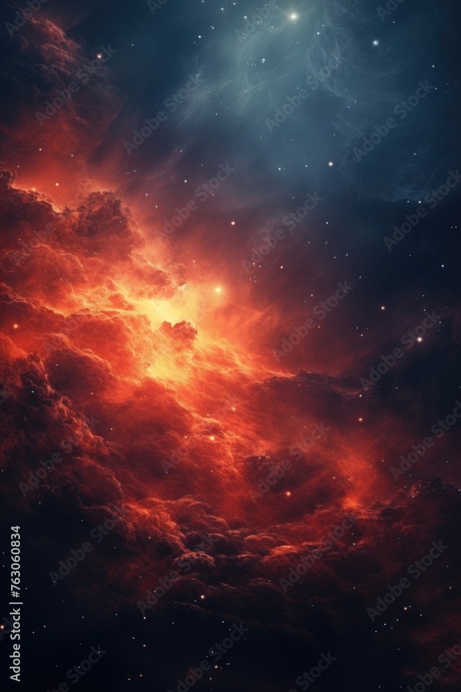 Poster stunning red and blue nebula with a backdrop of twinkling stars. perfect for space and astronomy con