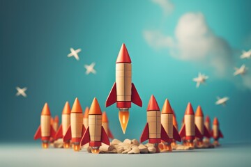 Group of wooden rockets flying through the air, ideal for educational concepts - obrazy, fototapety, plakaty