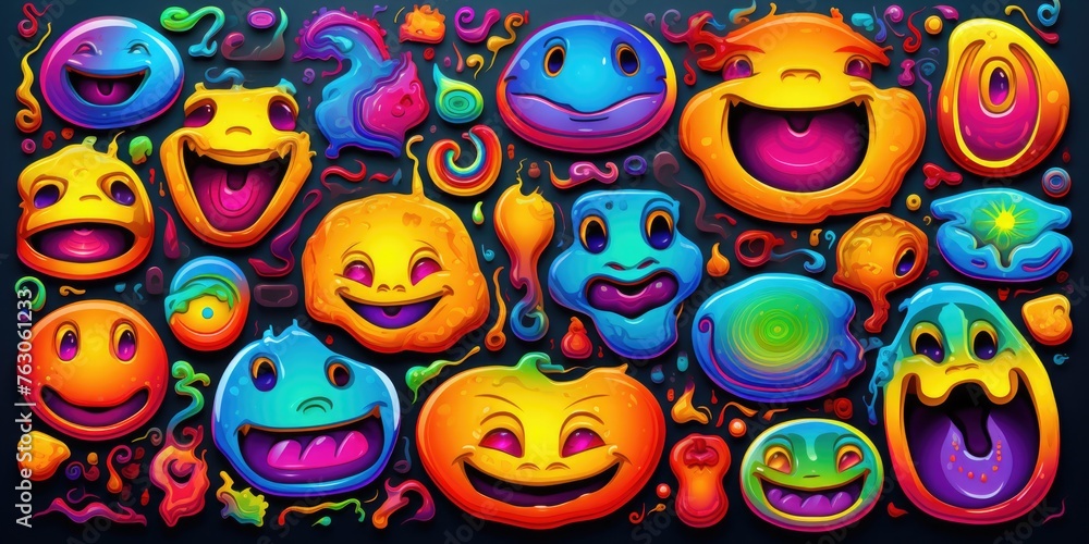 Poster A vibrant image featuring a large group of colorful cartoon faces. Perfect for adding a fun touch to any project