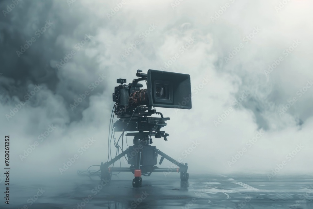 Aufkleber A camera set up on a tripod in a misty environment. Suitable for photography concepts