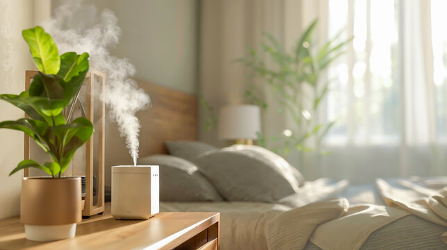 diffuseur d'huiles essentielles par ionisation - sur une table de nuit dans une chambre
