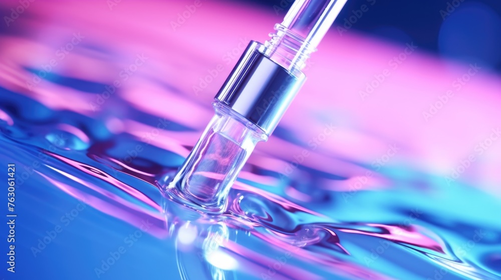 Poster close up of a liquid bottle on a table, suitable for various design projects